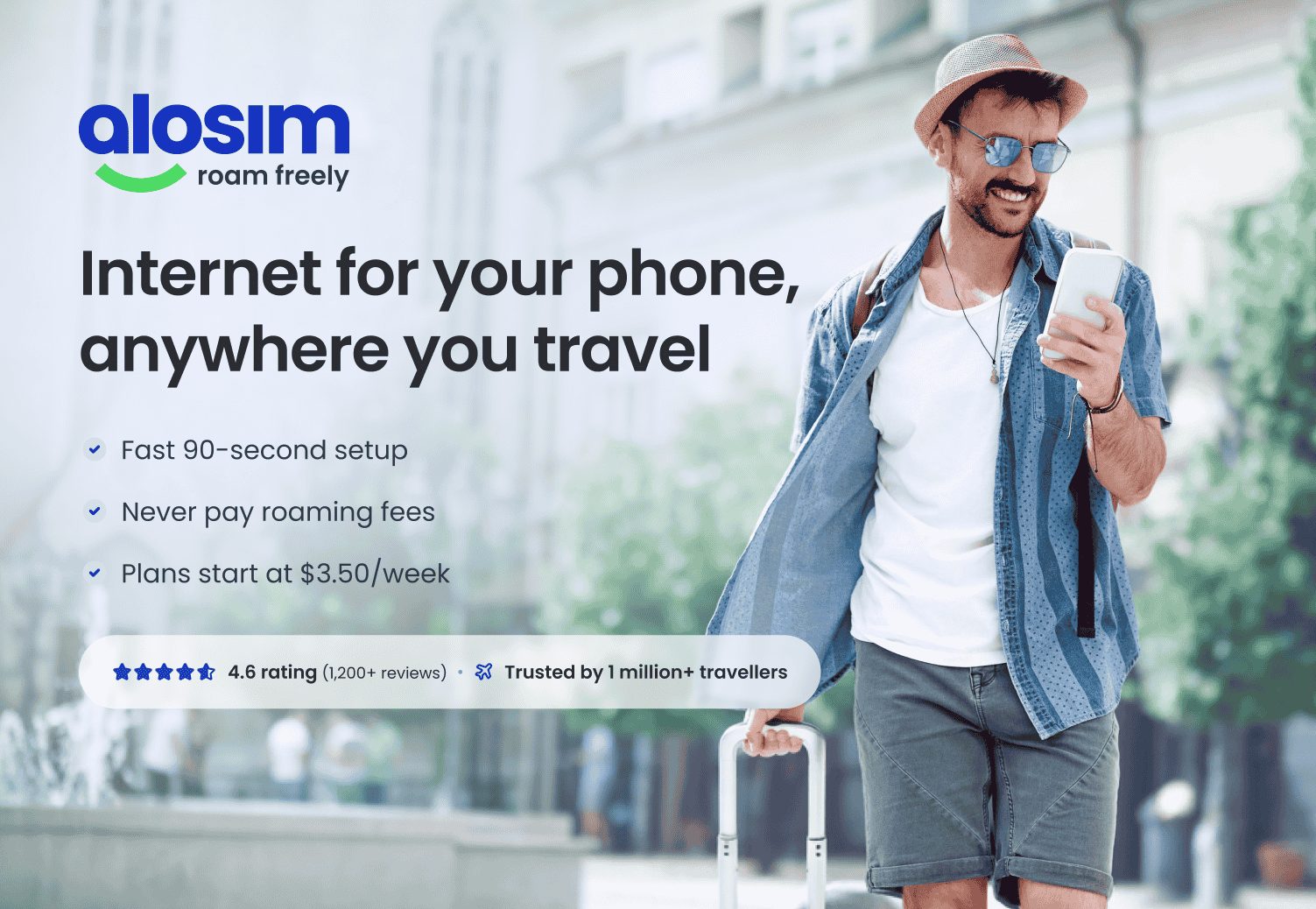 aloSIM marketing visual — traveller using a phone with the aloSIM &lsquo;roam freely&rsquo; logo, plus key features: 90-second setup, no roaming fees, plans from $3.50/week, 4.6 rating, trusted by 1M+ travellers