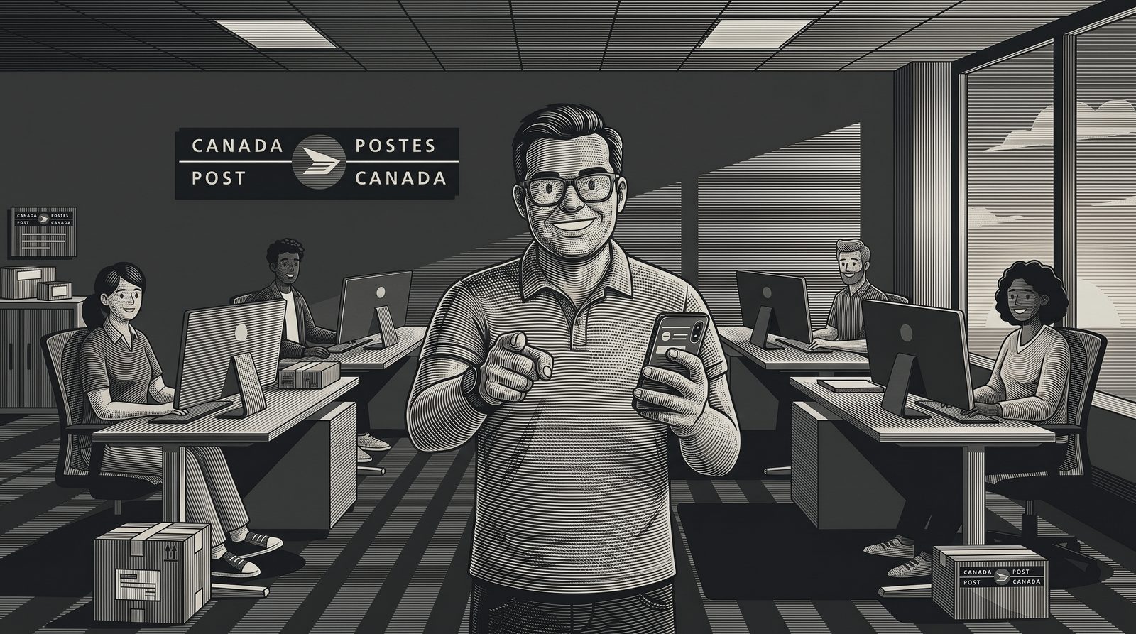 Canada Post mobile UX team — illustration of designer holding a phone in a Canada Post office