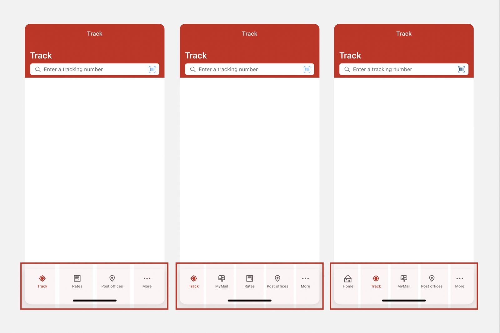 Three Track screens showing navigation evolving from a 4-tab bar to a 5-tab bar — illustrating limited visibility for new services