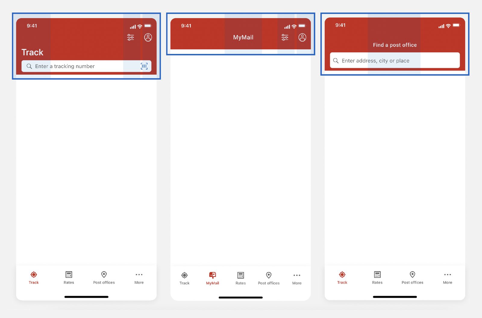 Three Canada Post screens — Track, MyMail, Find a post office — each with a differently-laid-out red top action bar