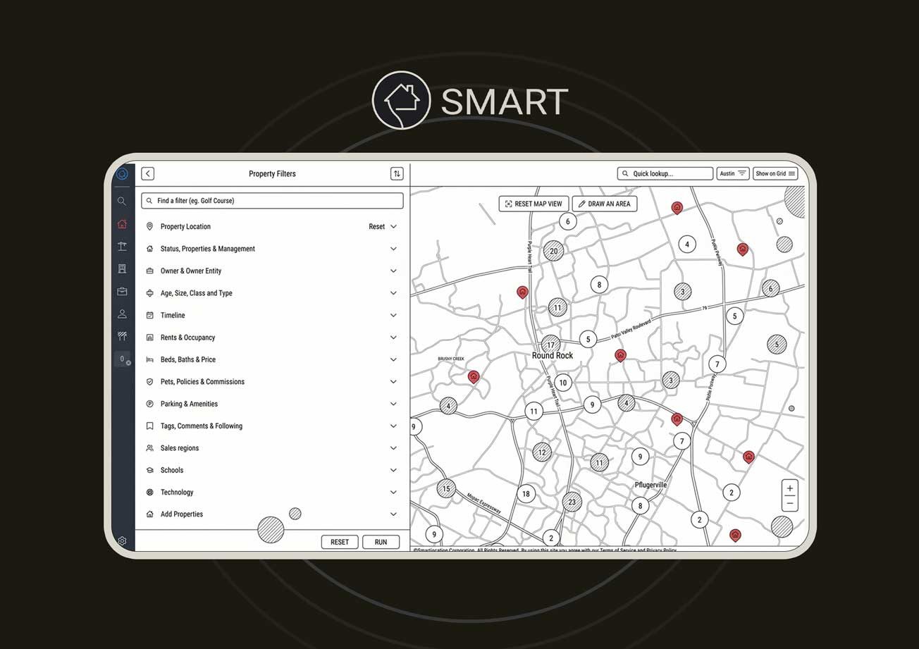 Smart Apartment Data — property filters panel with Round Rock map and unit counts